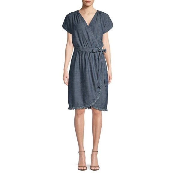Trina Turk Morina Chambray Wrap Dress Blue Linen Lyocell Blend Lightweight Sz 8 - Picture 1 of 9